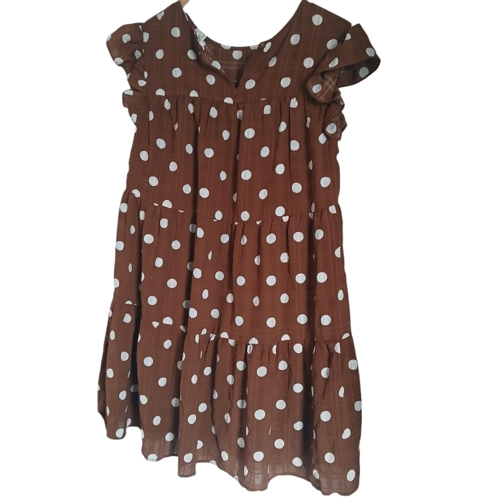 Mine Dress Chocolate Brown and White Flutter Sleeve Mini Sundress Polka Dots